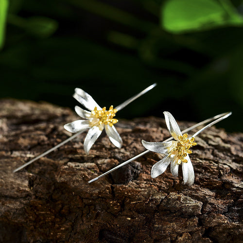 Lily petal gold center earrings resting on dark tree bark