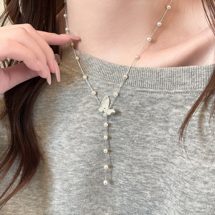 Silver Tone Butterfly Y Necklace with Pearl Accents