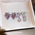 Pink Crystal Heart Studs and White Faux Pearl Drop Earrings view 2