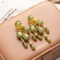 Olive Green Bead Gold Tone Long Chandelier Earrings view 4