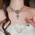 Silver Flower Crystal Necklace Drop Earrings Two Sets view 4