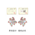 Gold Tone Iridescent Pink Blue Flower Stud Earrings For Women view 3