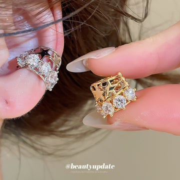 Crystal Star Open Square Ear Clips with Polished Metal Tone Details