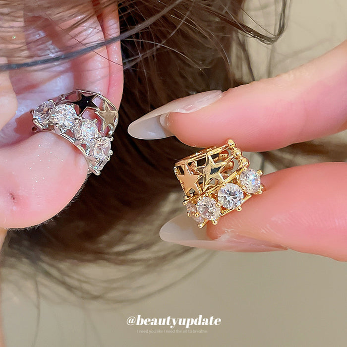 Crystal Star Open Square Ear Clips with Polished Metal Tone Details