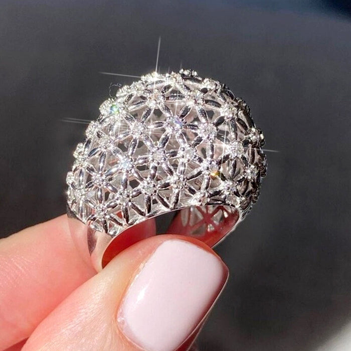 Oversized Domed Floral Openwork Statement Ring In Silver Tone