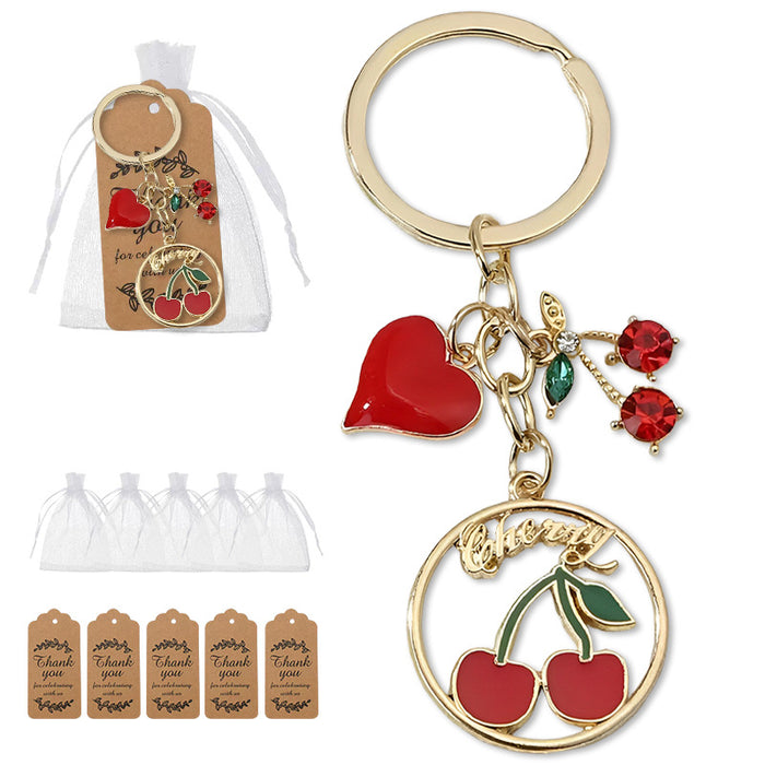 Gold Cherry Heart Rhinestone Multi Charm Keychain Pendant
