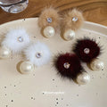 Beige Fuzzy Pom Pom Earrings With Large Pearl Like Drops view 4