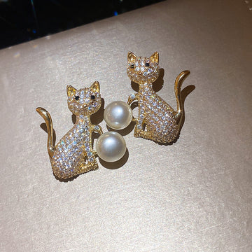 Cat Stud Earrings with Clear Crystals and Pearl Like Accents