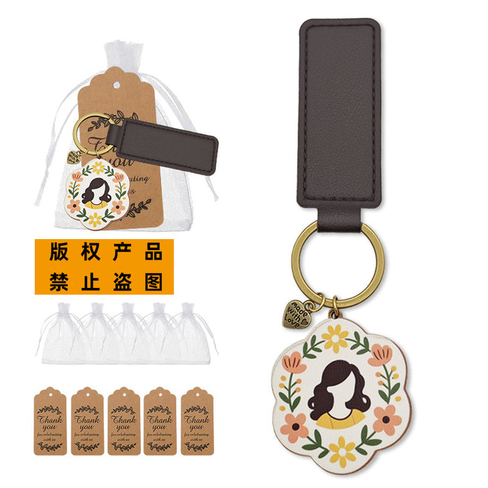 Wooden Floral Woman Keychain Leather Strap Heart Charm