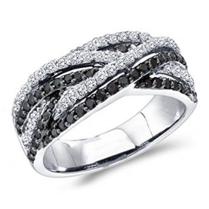 Black and White Cubic Zirconia Interwoven Band Ring in Silver-Tone Brass