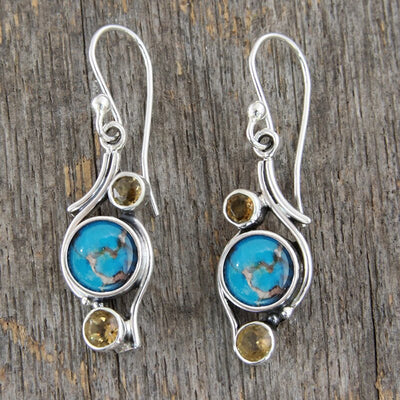 Antique silver turquoise cabochon hook drop earrings pair on wood