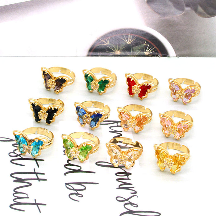 Gold Tone Crystal Butterfly Adjustable Open Rings in Twelve Colors