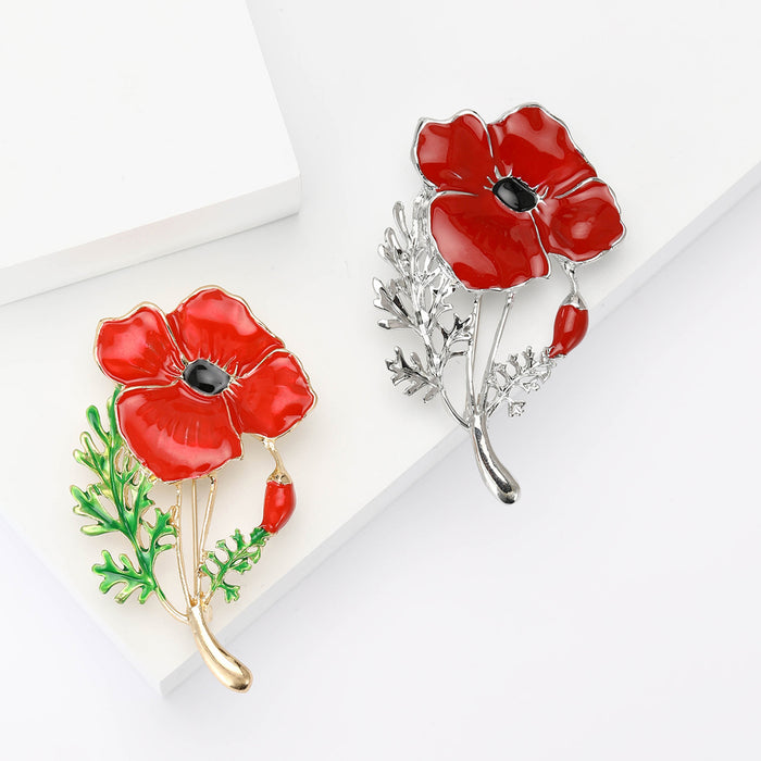 Red Poppy Flower Brooch With Gold or Silver Tone Stem