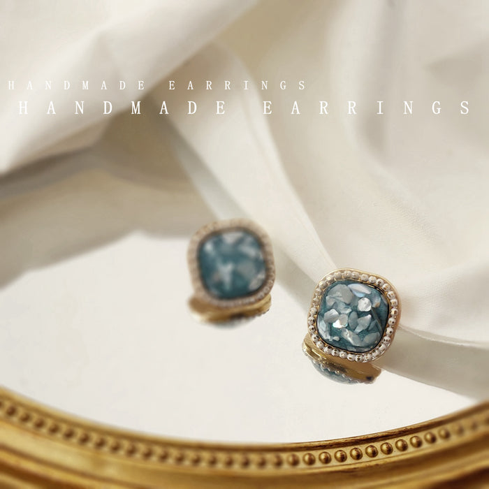 Gold Square Teal Crushed Shell Beaded Frame Stud Earrings