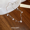 Silver Scalloped Chain Pearl Drop Necklace Clear Crystal Dangles view 2