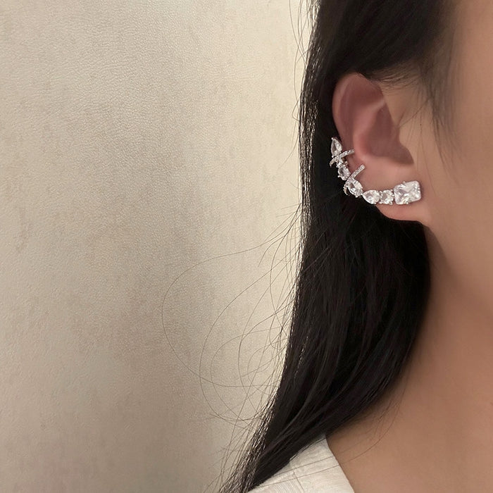 Silver Crystal Single Ear Cuff With Curved Geometric Row Design