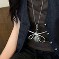 Silver Ball Chain Mesh Heart Bag Pendant Necklace Two Bows view 3