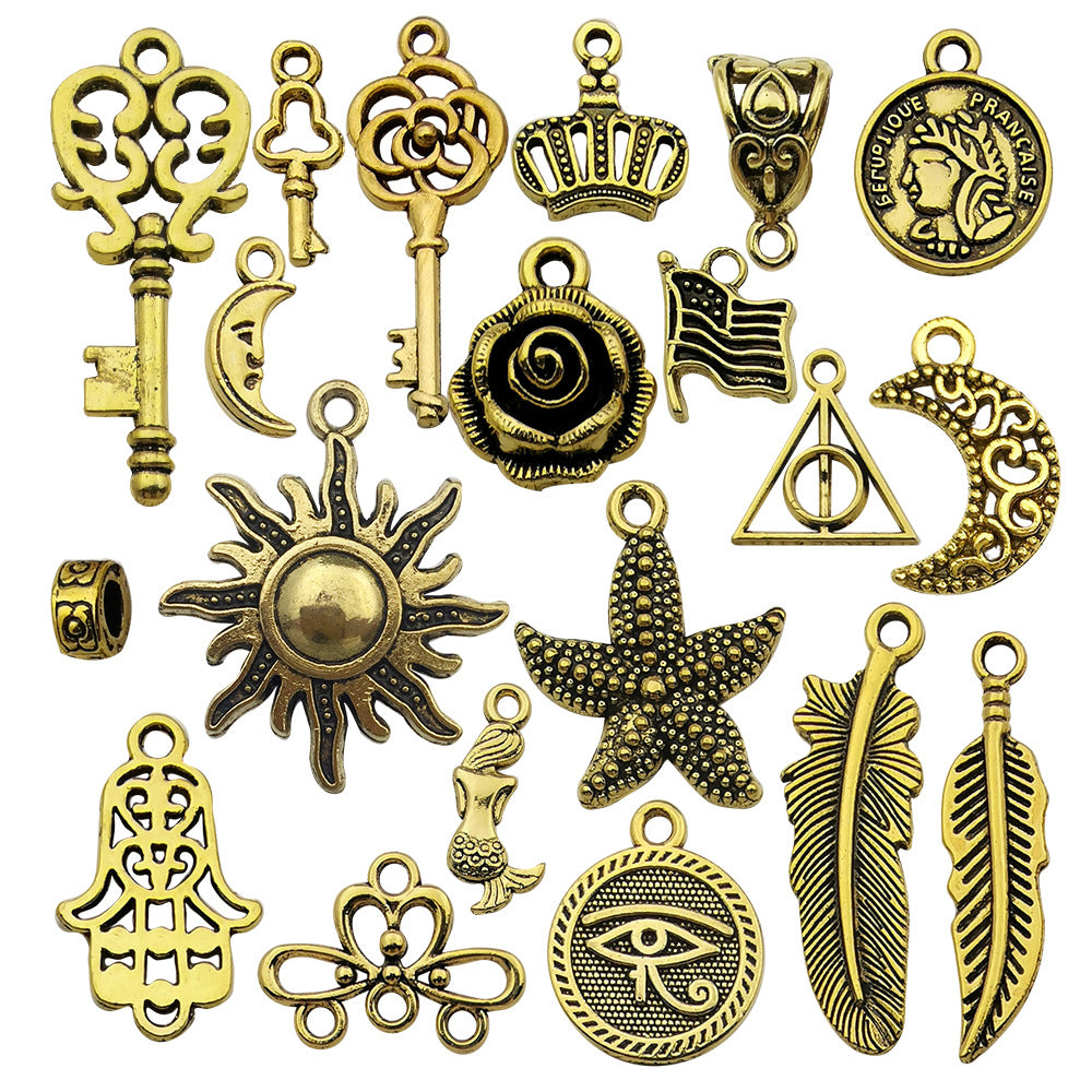 Antique Gold Zinc Alloy Key Starfish Sun Crown Flower Charm Pendant for DIY Jewelry