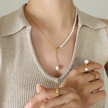 Gold Pearl Strand Snake Chain Adjustable Lariat Necklace
