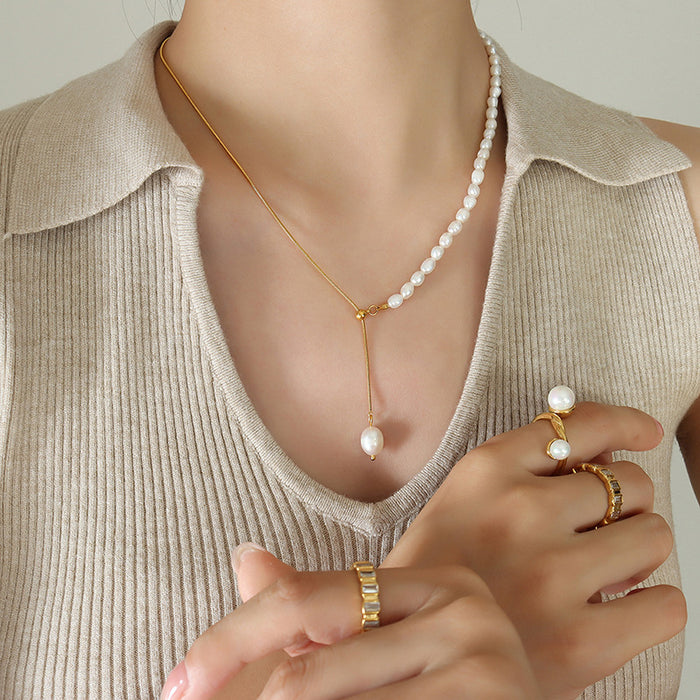 Gold Pearl Strand Snake Chain Adjustable Lariat Necklace
