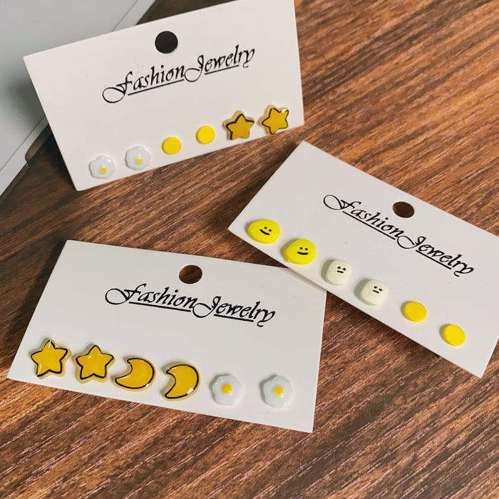 Food Face and Celestial Mini Stud Earring Three Pair Sets
