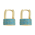 Gold Tone Aqua Clear Stone Padlock Huggie Hoop Earrings view 5