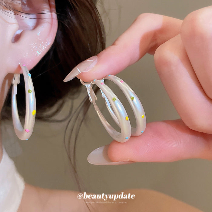 Silver Tone Hoop Earrings With Colorful Dot Accents