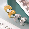 Ribbed Crescent Stud Earrings Gold Or Steel Pearl Or Black Agate view 3