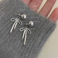 Silver Tone Pearl Like Bow Long Bar Drop Stud Earrings view 1