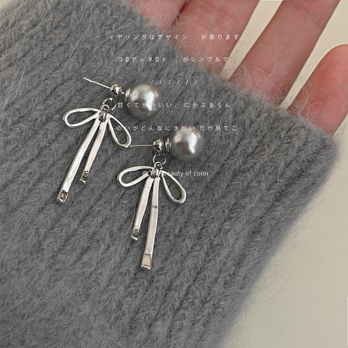 Silver Tone Pearl Like Bow Long Bar Drop Stud Earrings