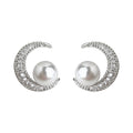 Silver Tone Clear Stone Crescent Moon And Pearl Stud Earrings view 5