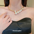 Gold Geometric Pearl Torque Necklace Wave Choker Pair view 1