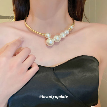 Gold Geometric Pearl Torque Necklace Wave Choker Pair