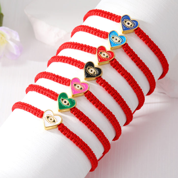 Red Woven Cord Large Heart Evil Eye Adjustable Bracelets
