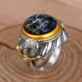 Blue Calligraphic Oval Signet Ring With Two-Tone Bird Details view 3