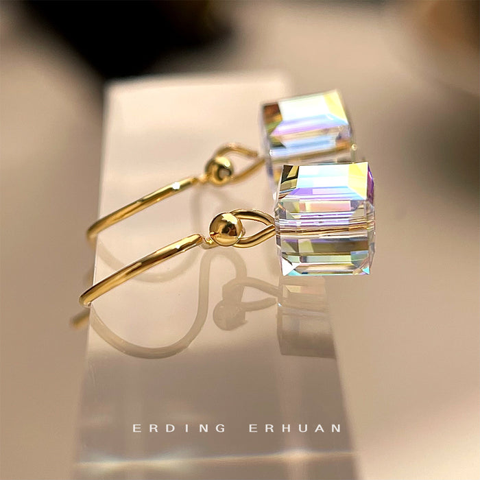 Gold Tone Iridescent Clear Cube Drop Hook Earrings For Women