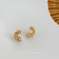 Mini Gold Daisy Stud Earrings With White Pearl Center view 3