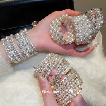 Multi Row Pearl Rhinestone Open Cuff Bracelets Four Styles