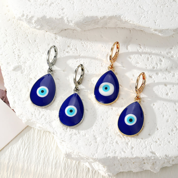 Blue Teardrop Enamel Evil Eye Huggie Hoop Earrings
