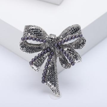 Large Crystal Bow Brooch With Pearl Rows in Three Finishes