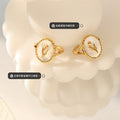 Gold Copper Open Ring White Shell Face With Tulip Motif view 2