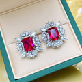 Silver Floral Emerald Cut Stud Earrings Red Green Pair view 4