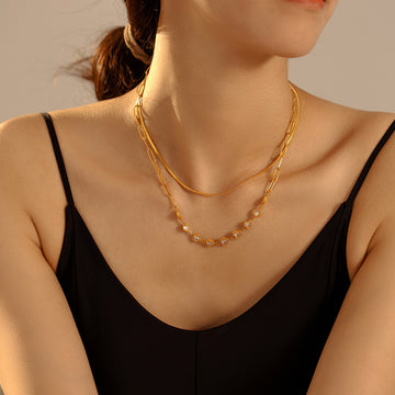 Gold Heart Zircon Paperclip Necklace And Herringbone Snake Chain