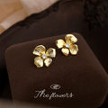 Gold Four Petal Flower Earrings Crystal Center Stud Clip view 6