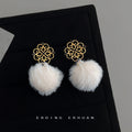 Gold Openwork Flower Black Zircon White Pom-Pom Drop Earrings view 3
