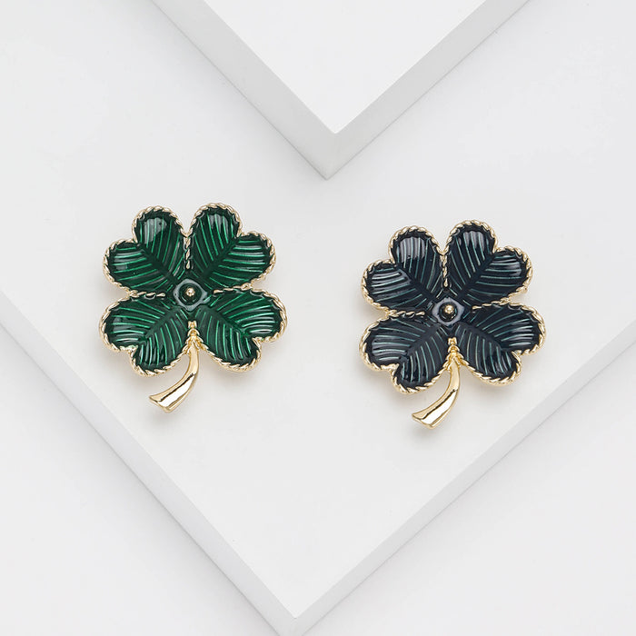Textured Striped Four Leaf Clover Brooch in Green or Navy