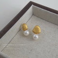 Brushed Gold Tone Asymmetric Pearl Drop Stud Earrings view 4