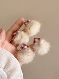 Plaid Knot and Faux Fur Pom Pom Earrings Statement Fashion Jewelry view 7