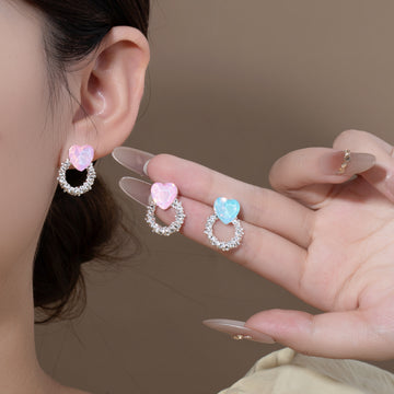 Pastel Heart Crystal Look Open Circle Stud Earrings