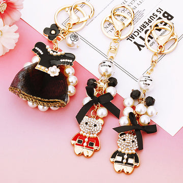 Pearl Fashion Bear Keychains in Black and Red with Gold Tone Hardware